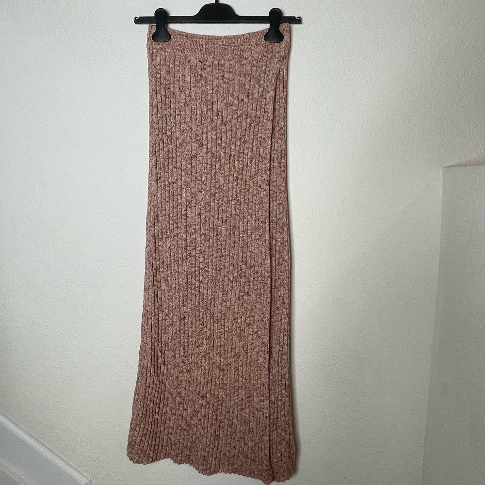 Free People NWT Knit Ribbed Maxi Skirt Large Marled Orange Tan Front Slit